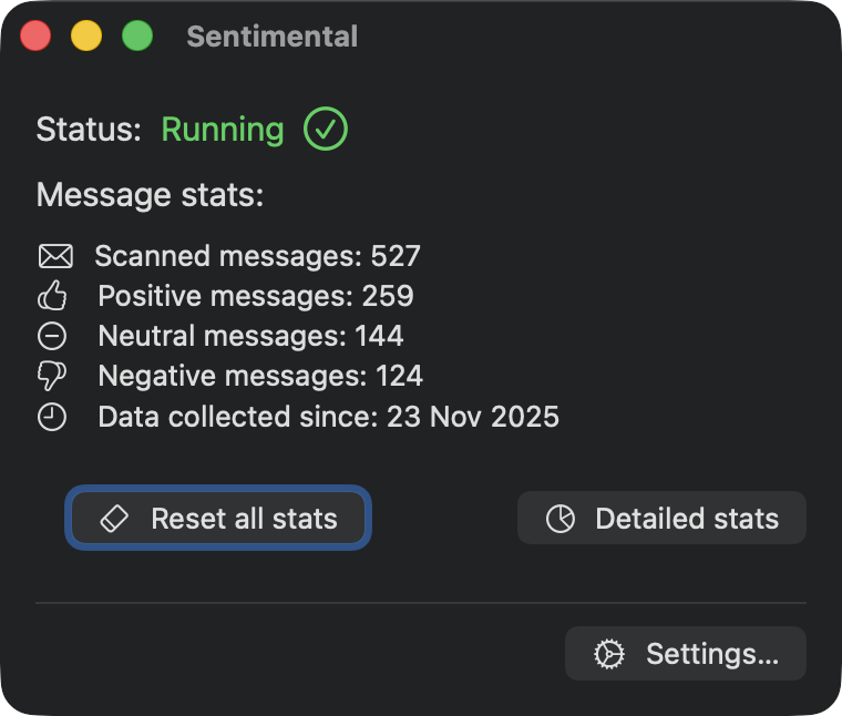 Sentimental status and message statistics window on macOS