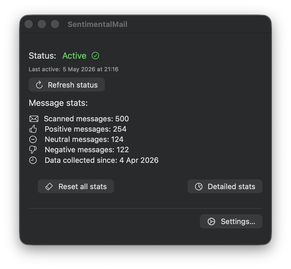 SentimentalMail status window on macOS showing current scan status, message counts, and quick actions
