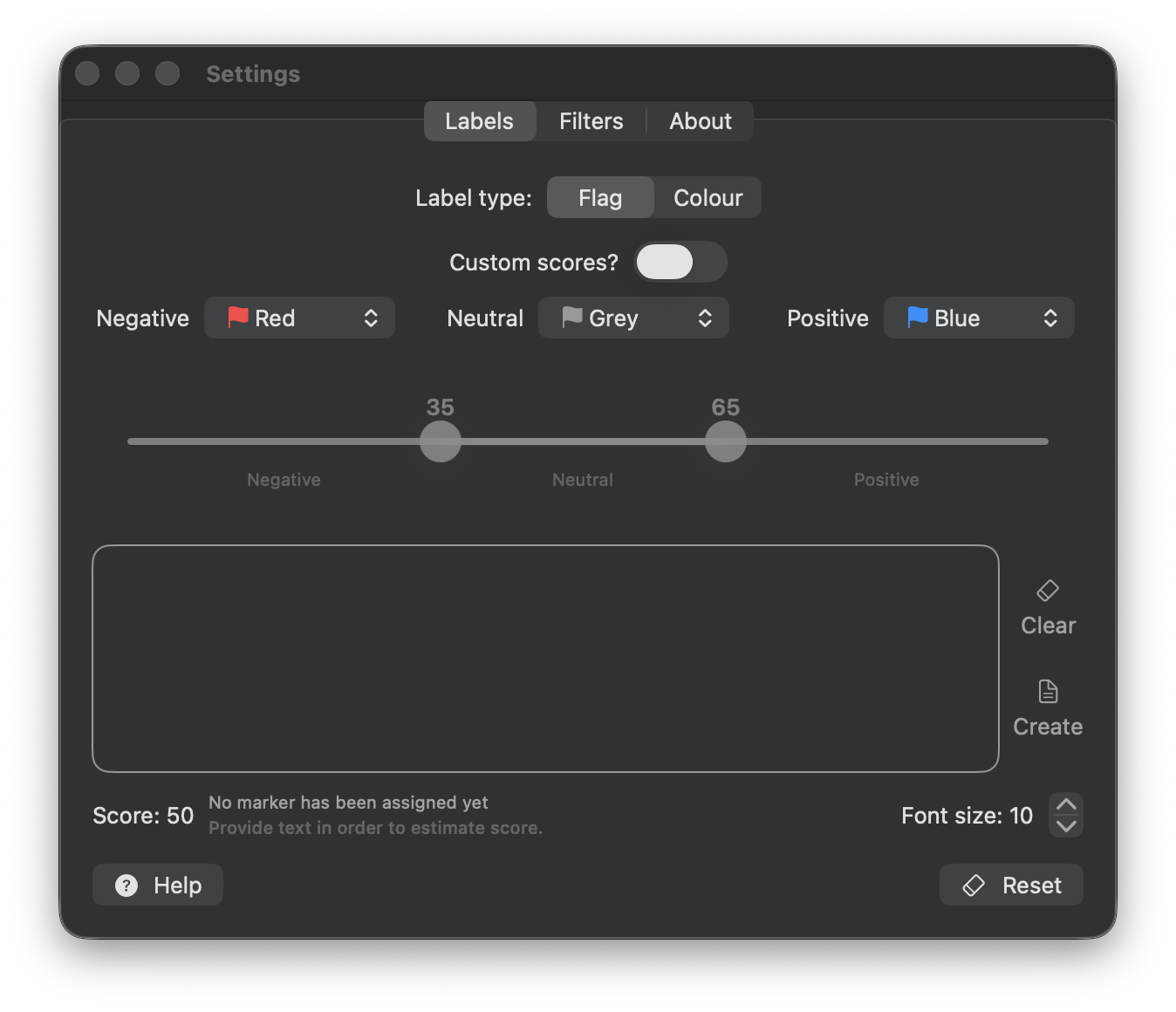 SentimentalMail labels settings window with marker styles, score thresholds, and reset controls