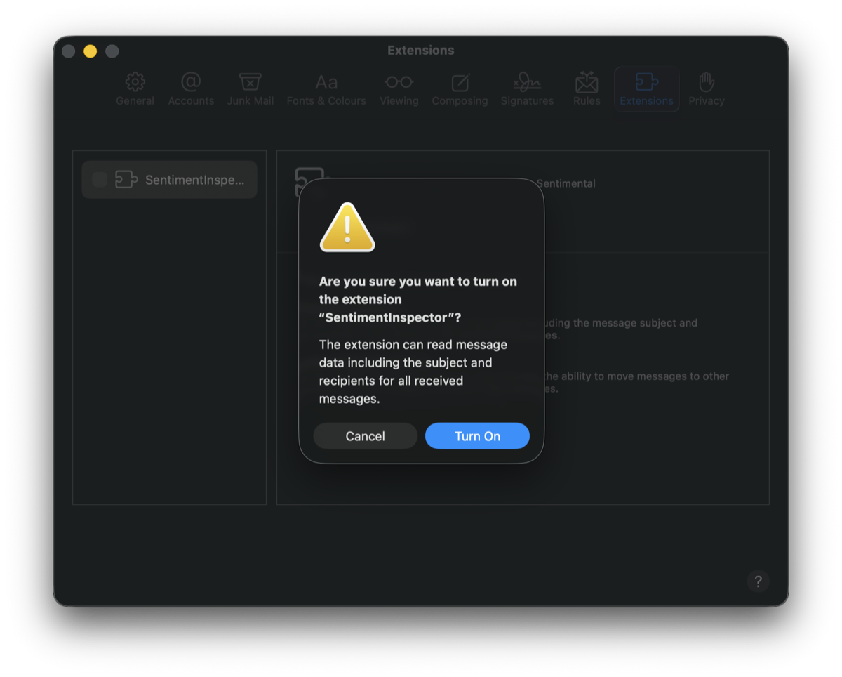 Sentimental enabled in the Mail extensions list