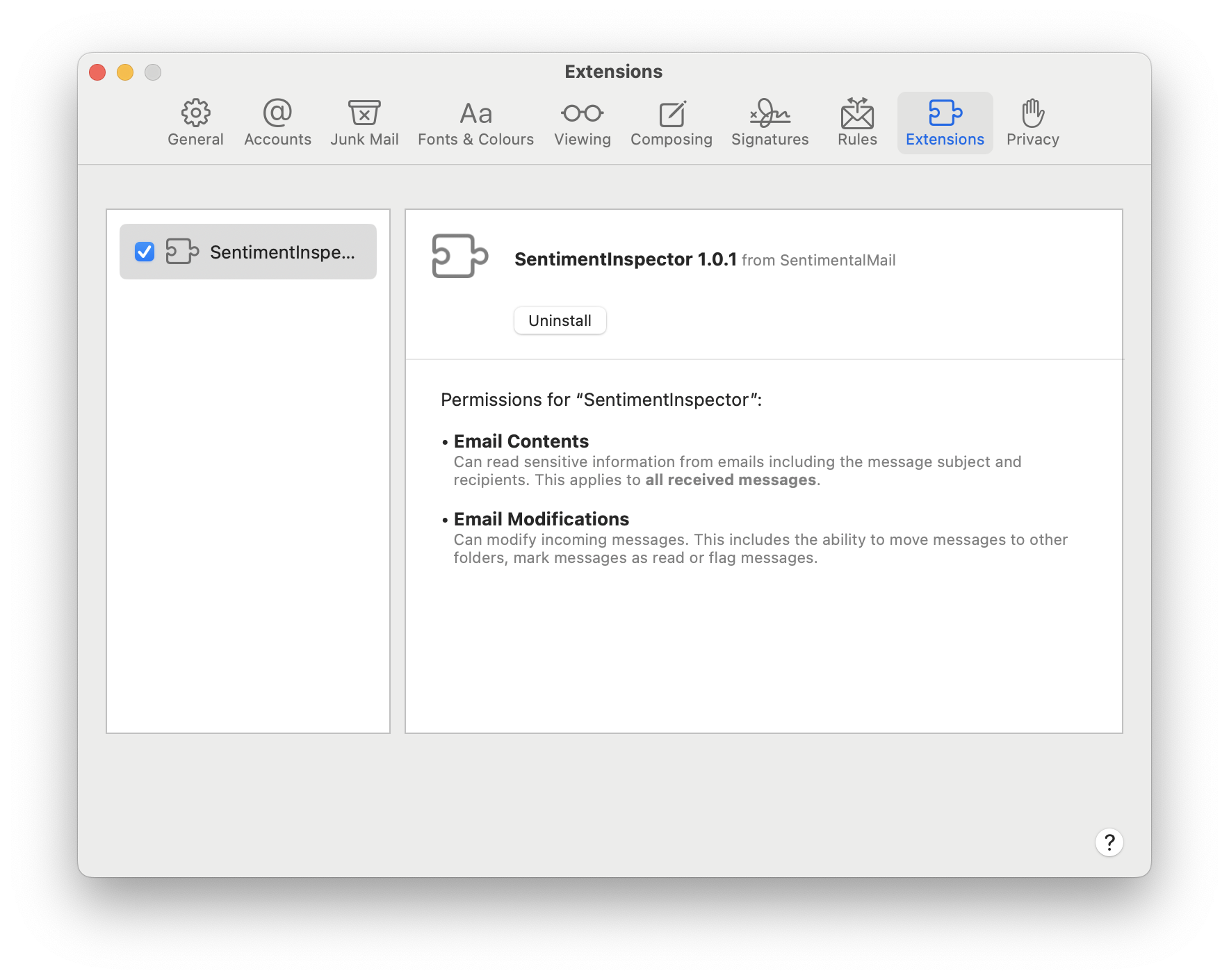 Mail settings showing the extension enabled in the Extensions tab