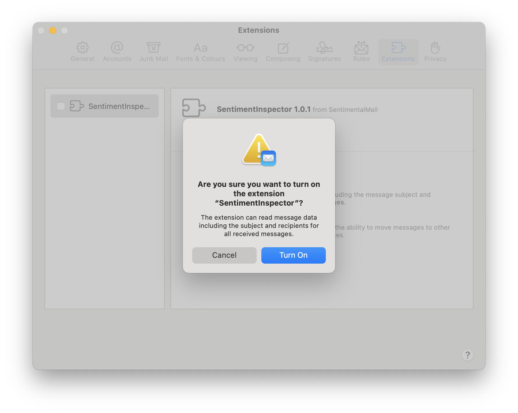 Mail confirmation dialog asking to turn on the extension